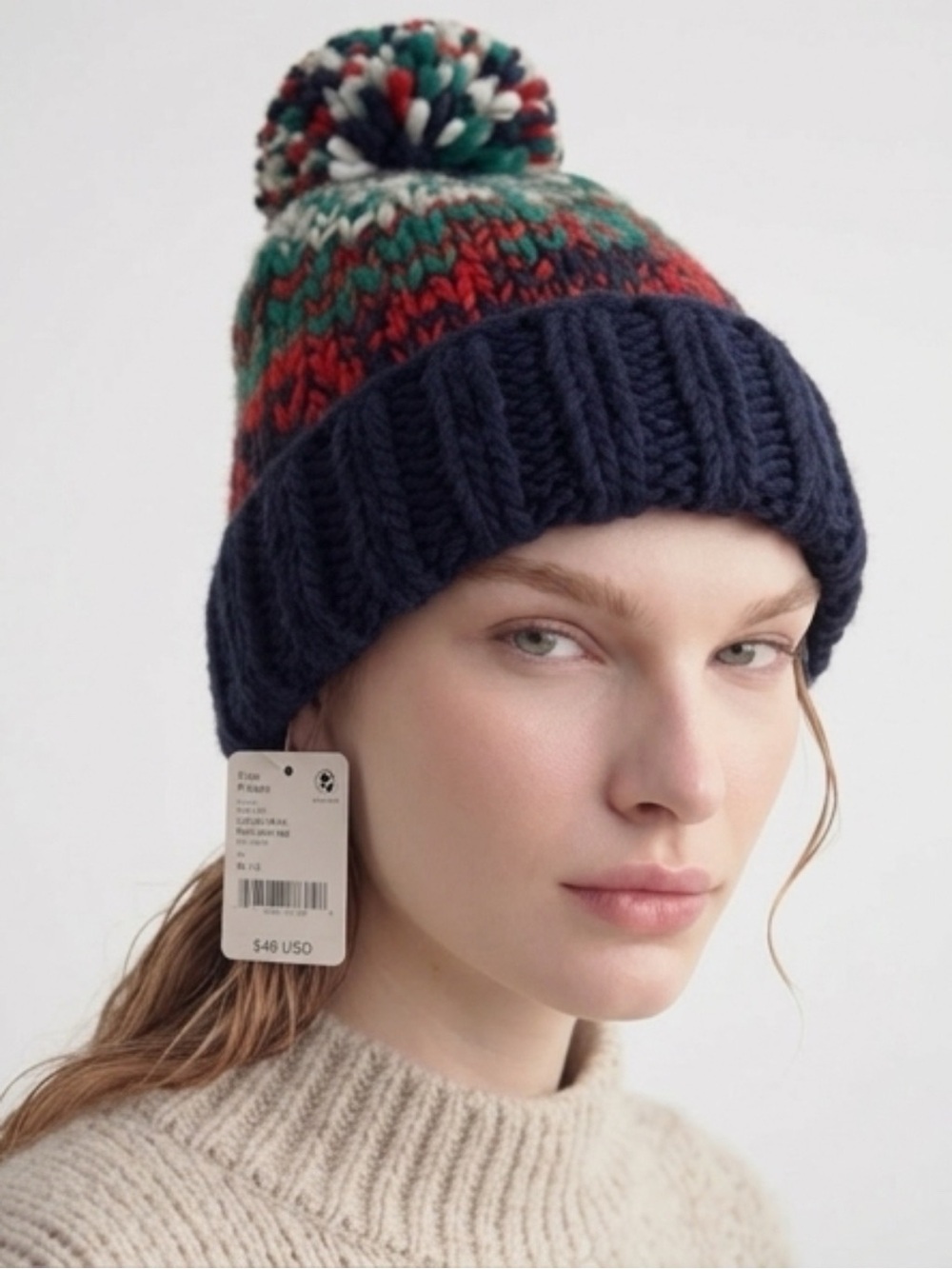 New Free People Colorful Knit Pom-Pom Hat
